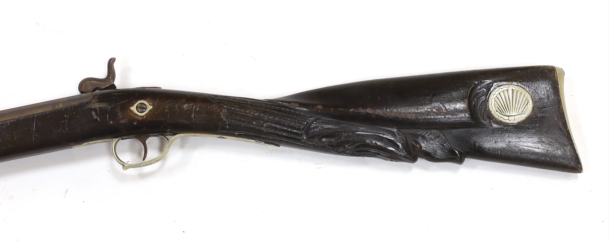 A Belgian back action percussion sporting gun made for the South American market c.1900, with engraved nickel furniture and half stocked barrel, barrel 82cm